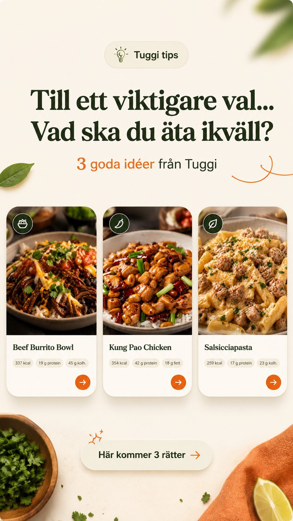 Tre middagsidéer från Tuggi: Beef Burrito Bowl, Kung Pao Chicken och Salsicciapasta